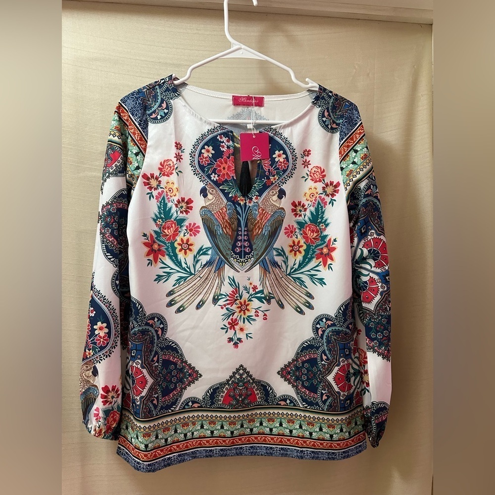 Mundefeis Boho Parrot & Floral Print Tassel Blouse – Size Small